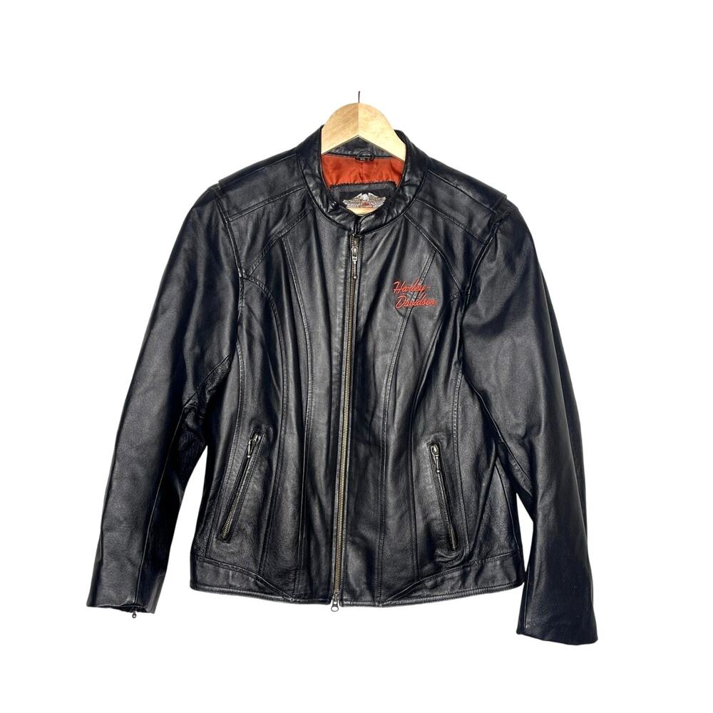 Harley Davidson XL Heavy Leather Motorcycle Jacket $450 Logo Riding Moto Black